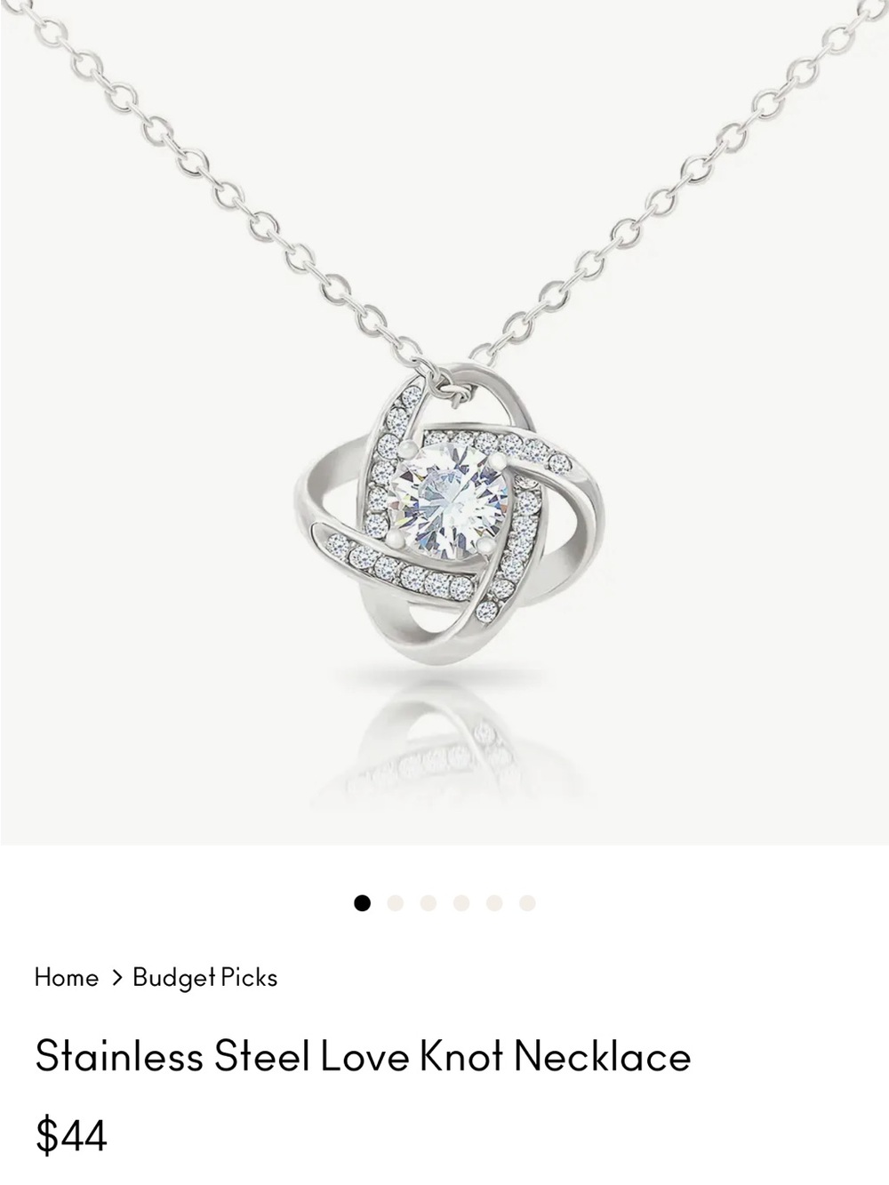 Stainless Steel Silver Love Knot Necklace with Clear Crystal